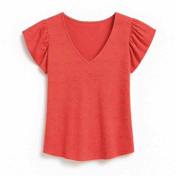 Michael Kors Eyelet Lace Flutter Sleeve V-Neck Top Coral NWT Size M - Picture 1 of 11